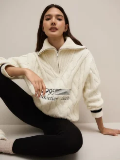 Ecru Cream Cable Zip Neck 1995 Graphic Jumper