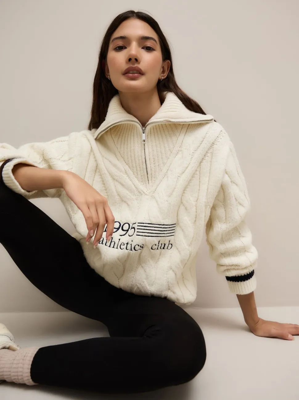 Ecru Cream Cable Zip Neck 1995 Graphic Jumper