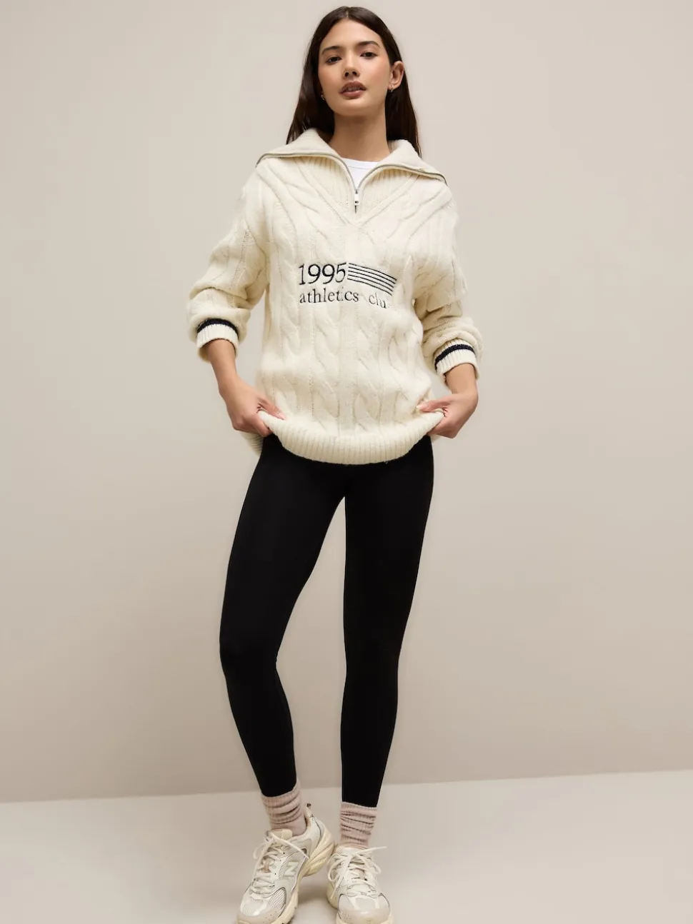 Ecru Cream Cable Zip Neck 1995 Graphic Jumper