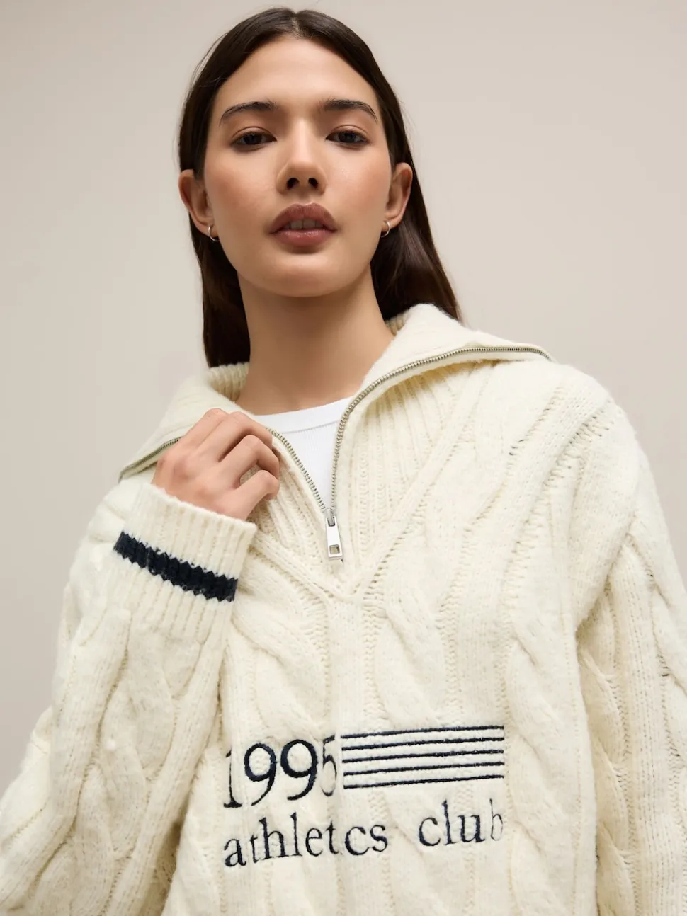 Ecru Cream Cable Zip Neck 1995 Graphic Jumper