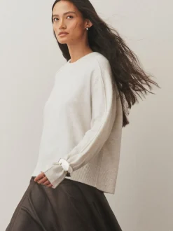 Ecru Crew Neck Knitted Jumper with Wool