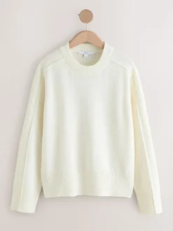Ecru Crew Neck Knitted Jumper with Wool