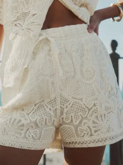 Ecru Crochet Tie Waist Shorts