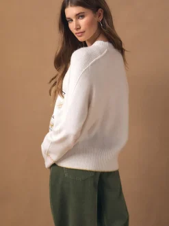 Ecru Embroidered Crew Neck Knitted Jumper with Wool