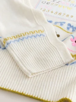Ecru Embroidered Crew Neck Knitted Jumper with Wool