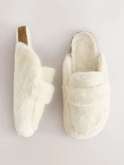 Ecru Faux Fur Heart Footbed Slippers