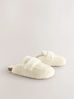 Ecru Faux Fur Heart Footbed Slippers