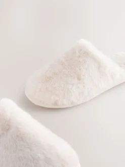 Ecru Faux Fur Mule Slippers