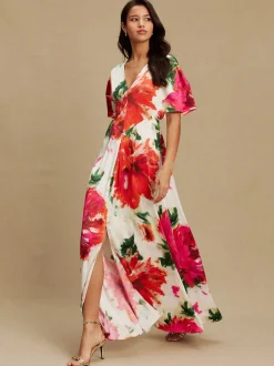 Ecru Floral Kaftan Textured Satin Maxi Occasion Dress