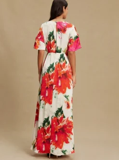 Ecru Floral Kaftan Textured Satin Maxi Occasion Dress