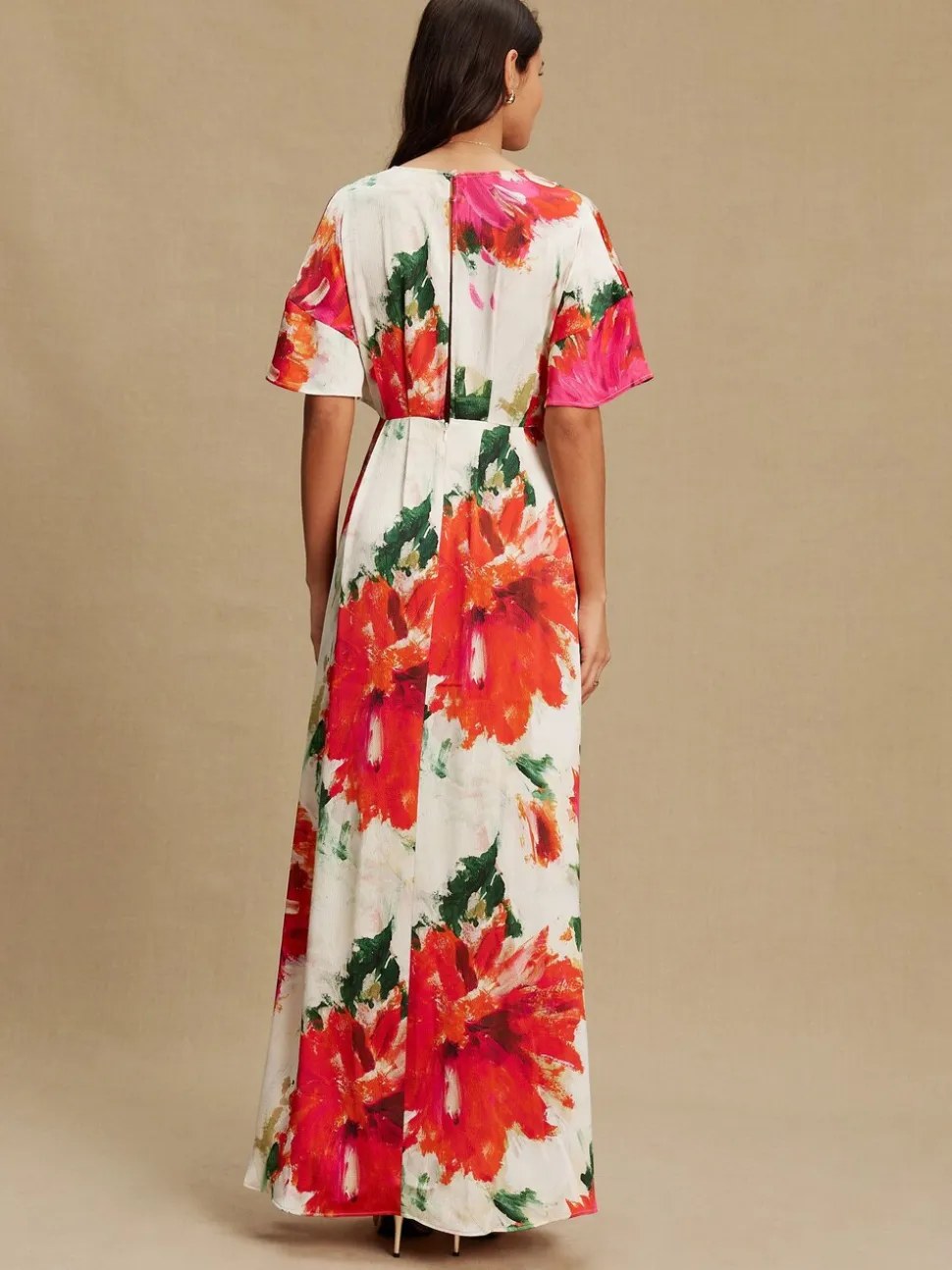 Ecru Floral Kaftan Textured Satin Maxi Occasion Dress