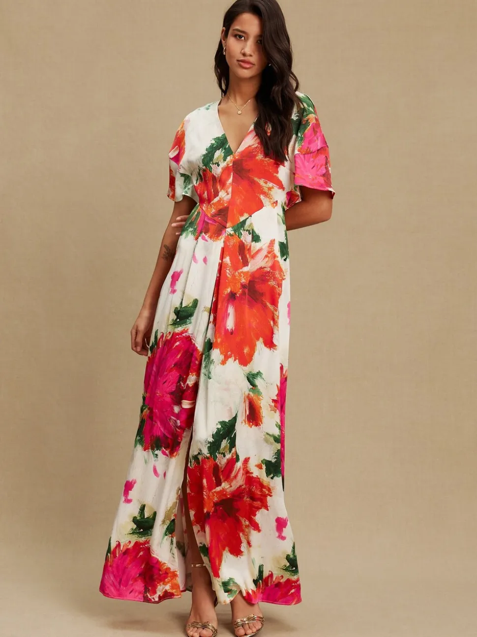 Ecru Floral Kaftan Textured Satin Maxi Occasion Dress