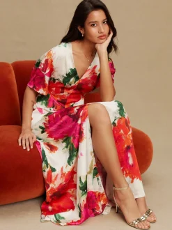 Ecru Floral Kaftan Textured Satin Maxi Occasion Dress
