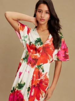 Ecru Floral Kaftan Textured Satin Maxi Occasion Dress