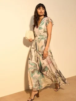 Ecru Floral Pleated Mesh Print V-Neck Occasion Maxi Dress