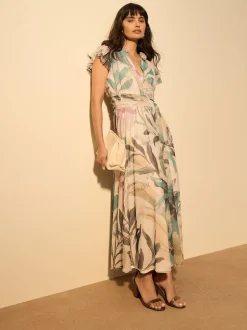 Ecru Floral Pleated Mesh Print V-Neck Occasion Maxi Dress