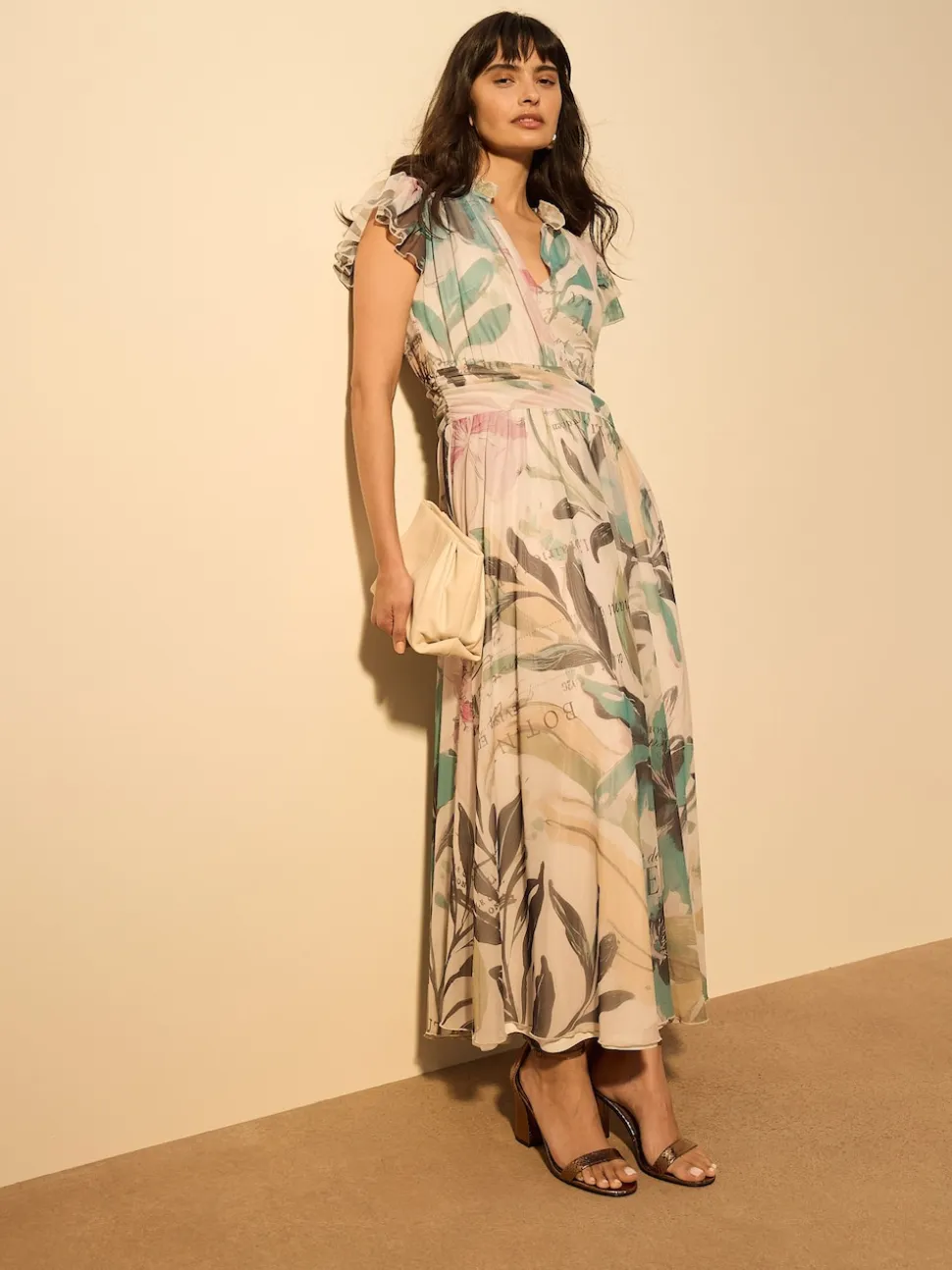 Ecru Floral Pleated Mesh Print V-Neck Occasion Maxi Dress
