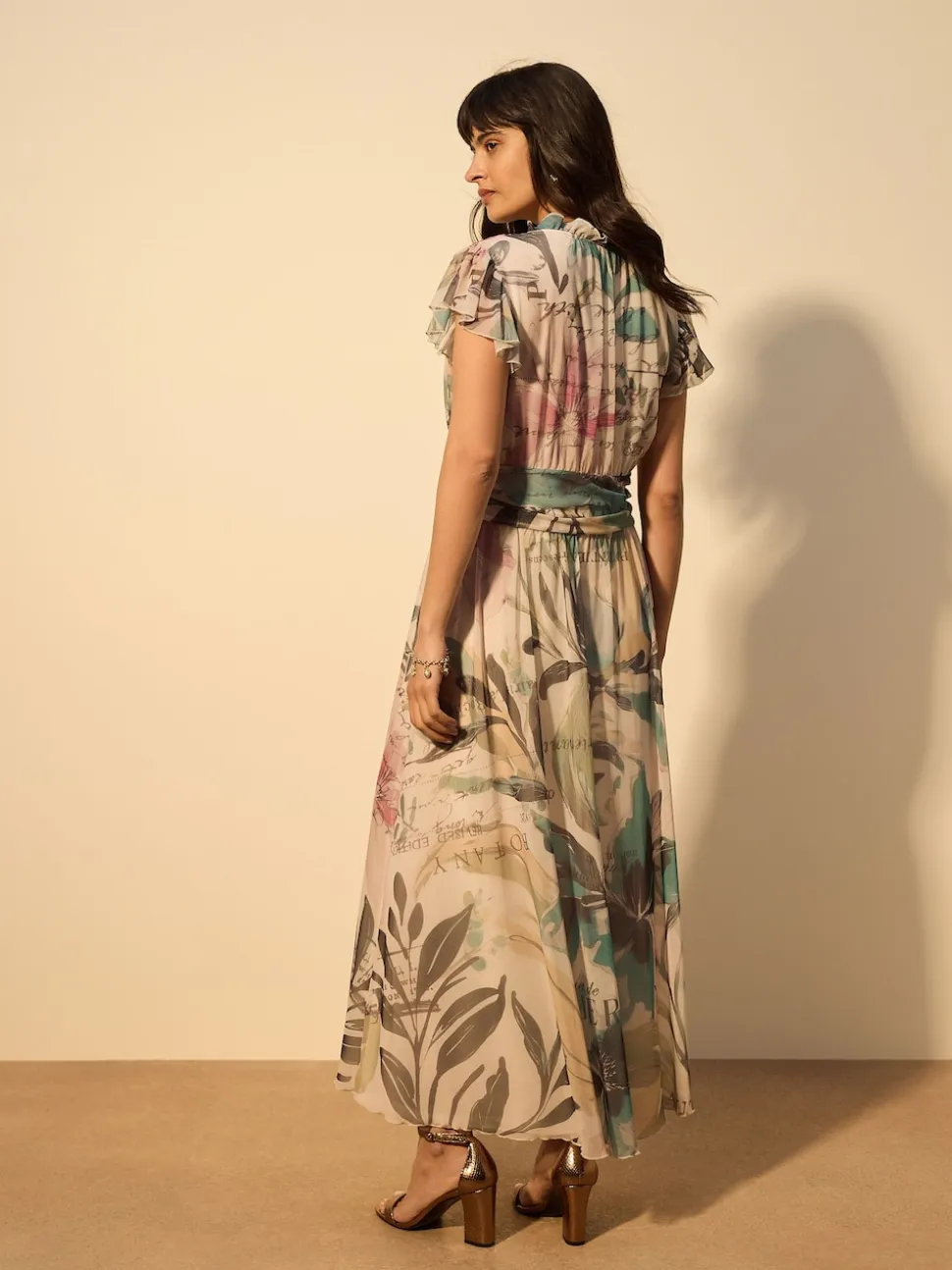 Ecru Floral Pleated Mesh Print V-Neck Occasion Maxi Dress