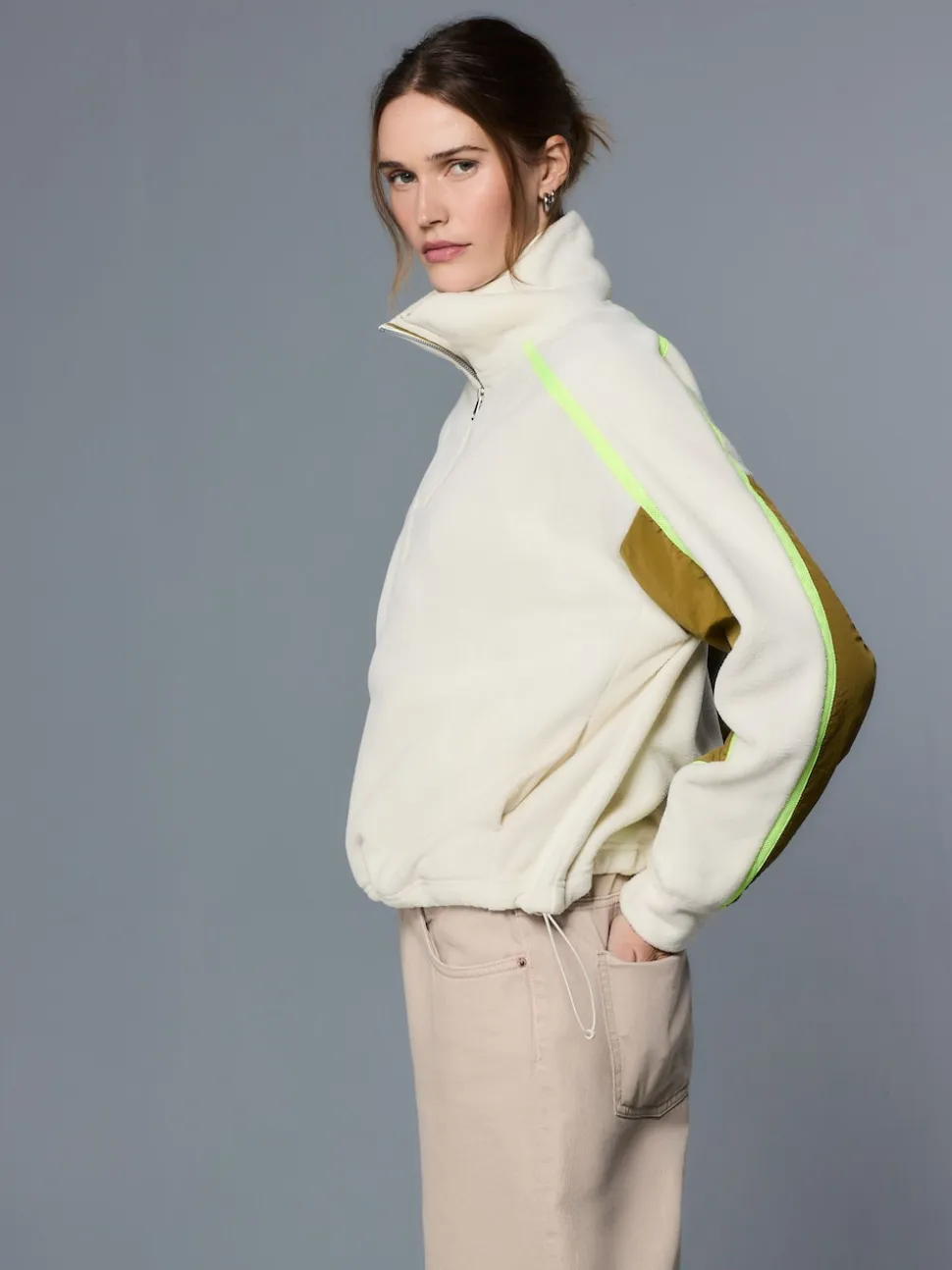 Ecru Half Zip Fleece with Colourblock Panels