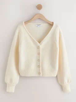 Ecru Heart Button Cardigan With Wool