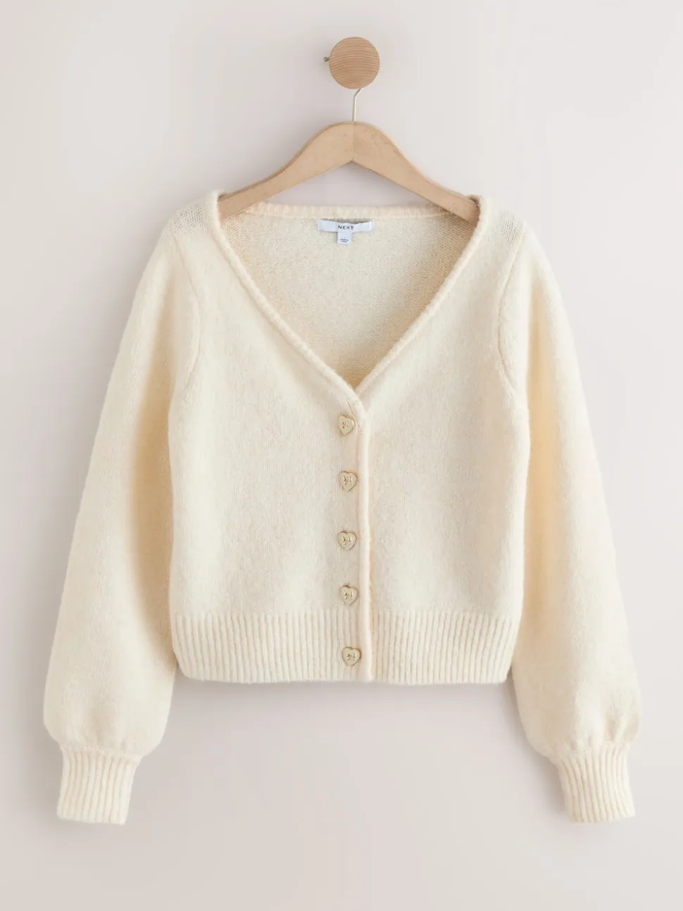 Ecru Heart Button Cardigan With Wool