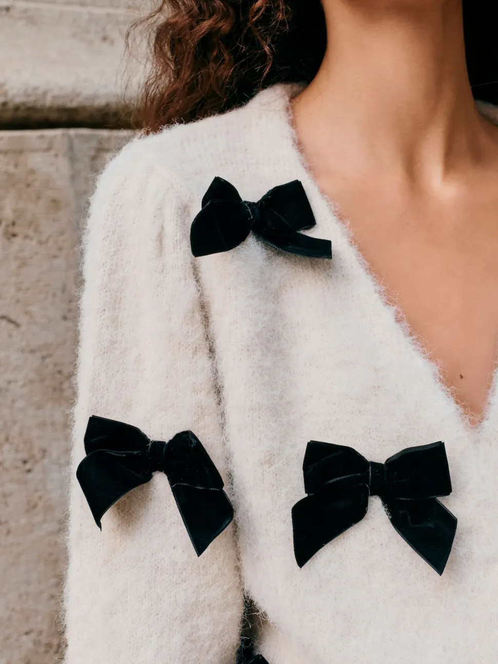 Ecru Knitted Velvet Bow Cardigan With Wool