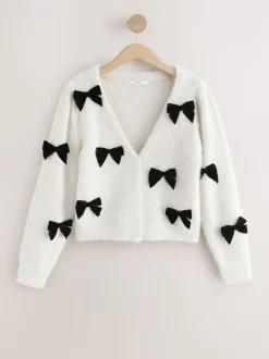 Ecru Knitted Velvet Bow Cardigan With Wool