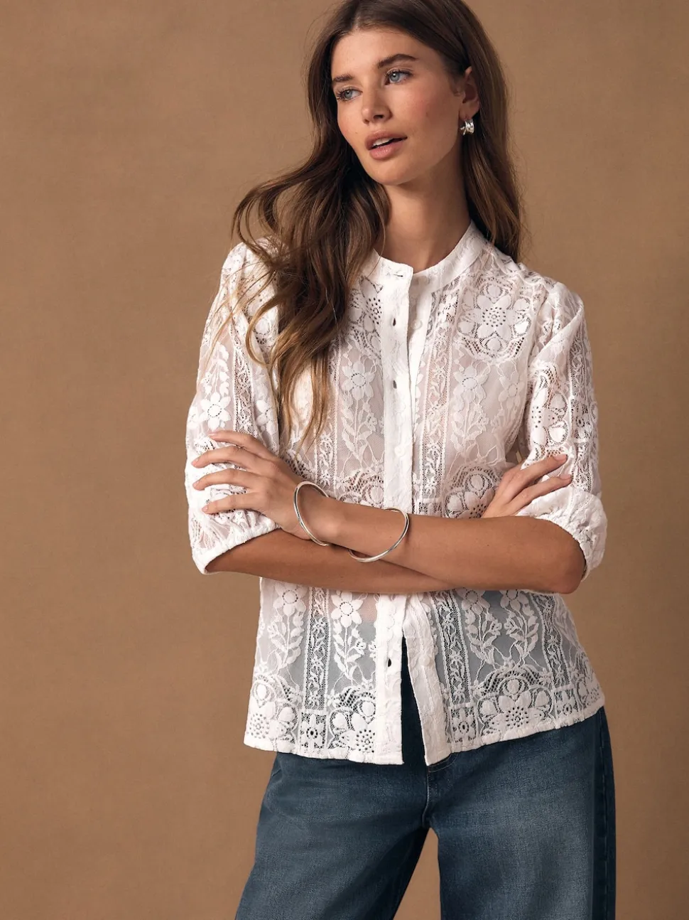 Ecru Lace Half Sleeve Blouse