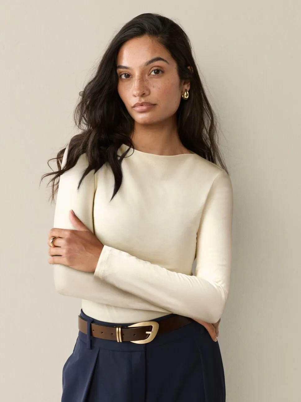 Ecru Long Sleeve Boat Neck T-Shirt