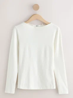 Ecru Long Sleeve Boat Neck T-Shirt