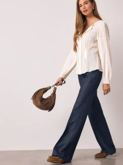 Ecru Long Sleeve Boatneck Textured Button-Front Blouse
