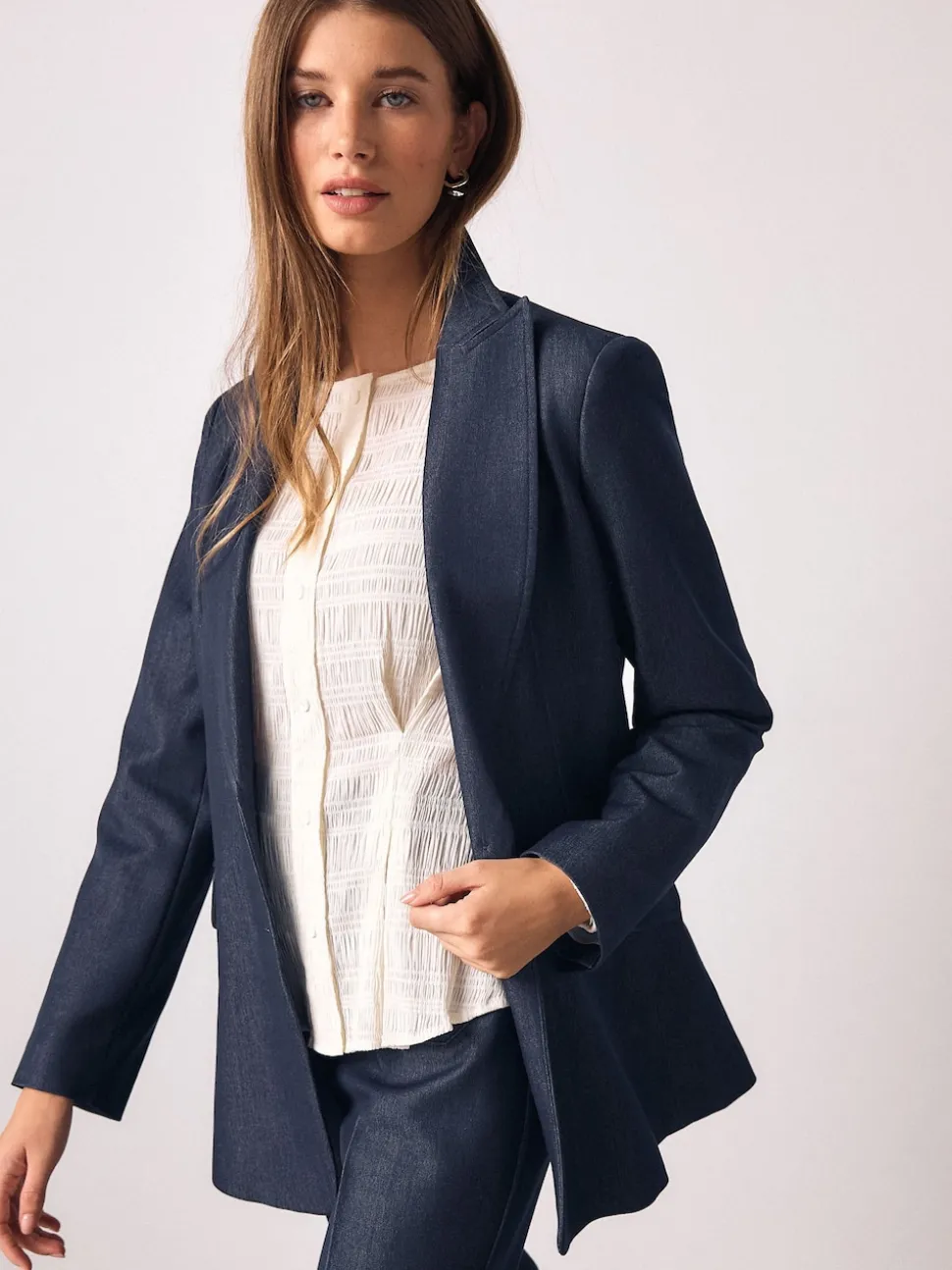 Ecru Long Sleeve Boatneck Textured Button-Front Blouse