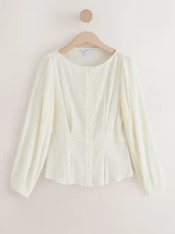 Ecru Long Sleeve Boatneck Textured Button-Front Blouse