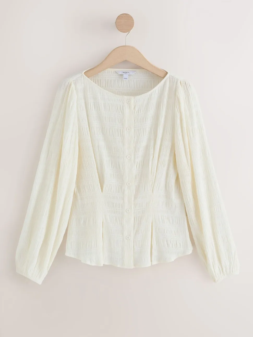 Ecru Long Sleeve Boatneck Textured Button-Front Blouse