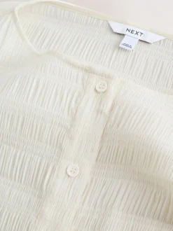 Ecru Long Sleeve Boatneck Textured Button-Front Blouse