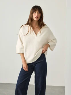 Ecru Open Collar Polo Half Sleeve Jumper With Wool