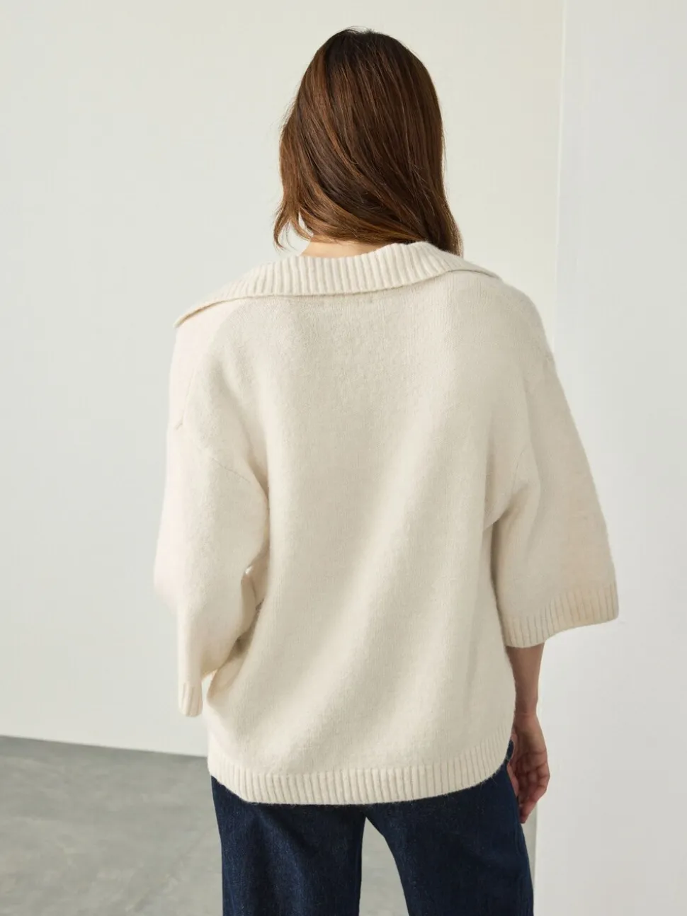 Ecru Open Collar Polo Half Sleeve Jumper With Wool