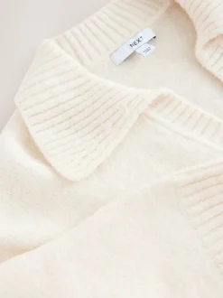 Ecru Open Collar Polo Half Sleeve Jumper With Wool