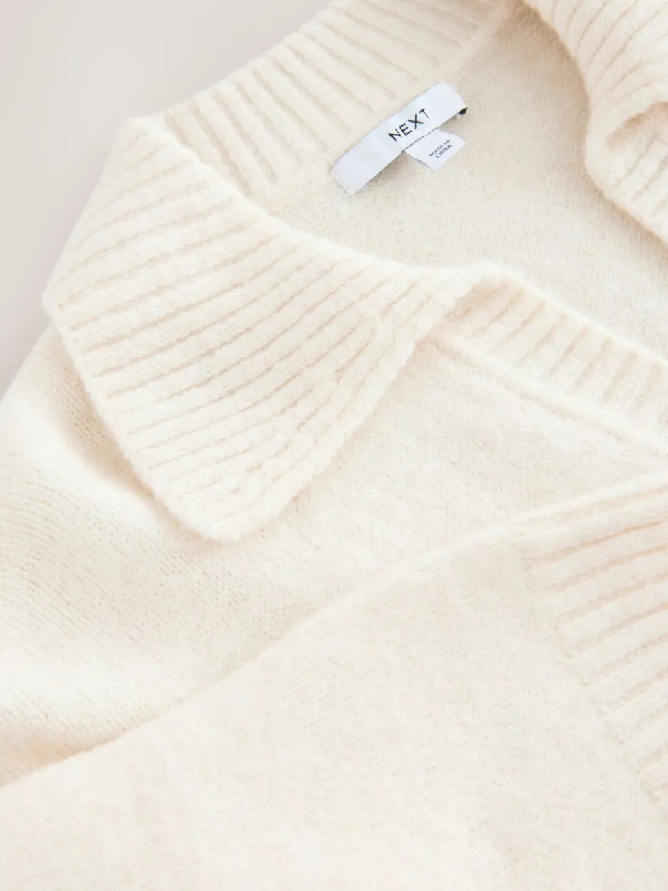 Ecru Open Collar Polo Half Sleeve Jumper With Wool