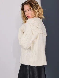 Ecru Ribbed Knit Jumper With Crochet Sailor Collar