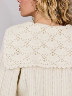 Ecru Ribbed Knit Jumper With Crochet Sailor Collar
