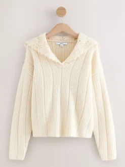Ecru Ribbed Knit Jumper With Crochet Sailor Collar