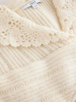 Ecru Ribbed Knit Jumper With Crochet Sailor Collar