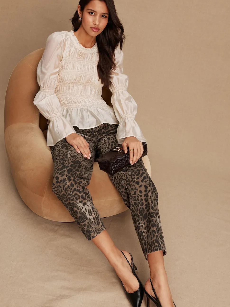 Ecru Sheer Smocked Long Sleeve Top