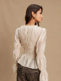 Ecru Sheer Smocked Long Sleeve Top