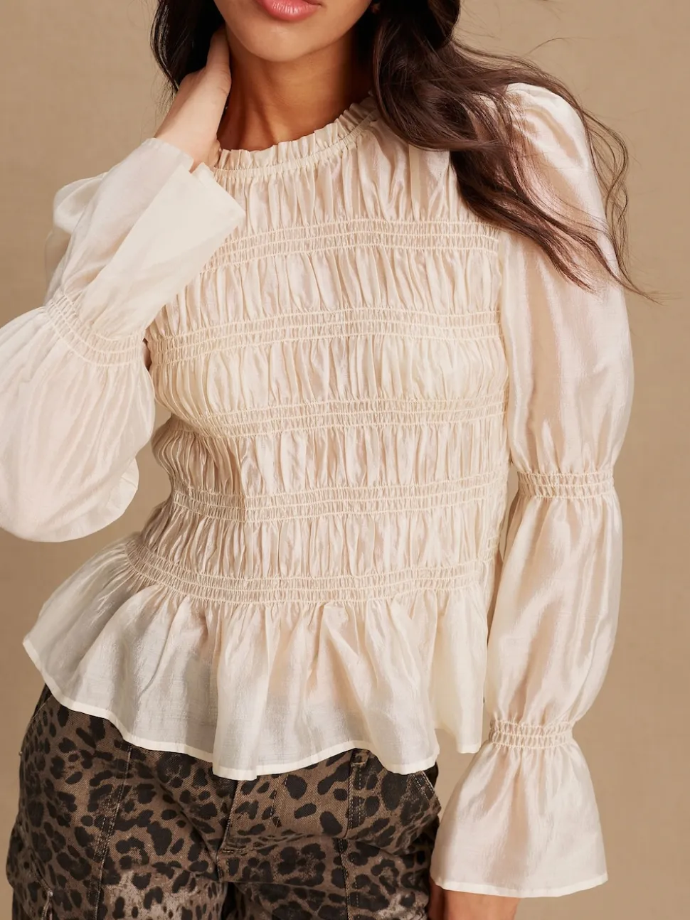 Ecru Sheer Smocked Long Sleeve Top