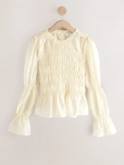 Ecru Sheer Smocked Long Sleeve Top