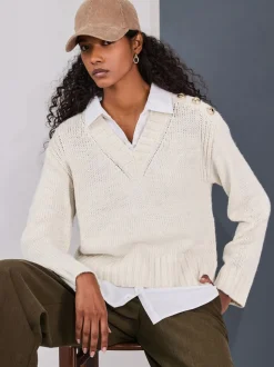 Ecru V-Neck Knitted Shirt Layer Look Jumper