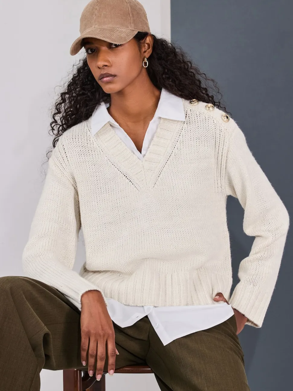 Ecru V-Neck Knitted Shirt Layer Look Jumper