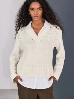 Ecru V-Neck Knitted Shirt Layer Look Jumper